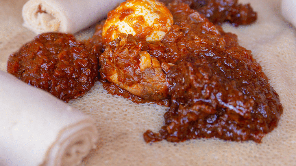 Doro Wat Ethiopian food recipe with injera and hard-boiled eggs