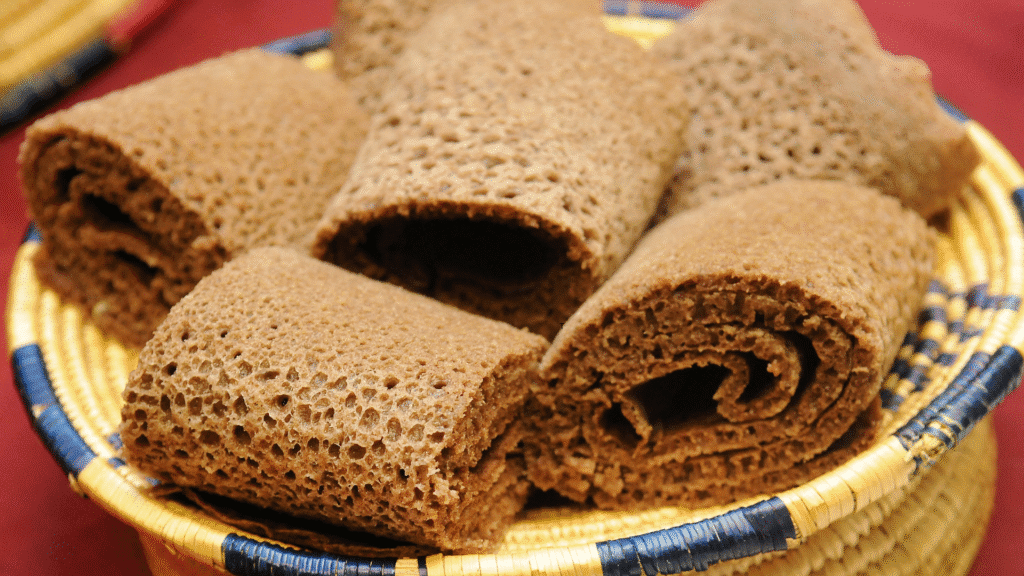 Quick Injera flatbread Ethiopian food recipe with air bubbles